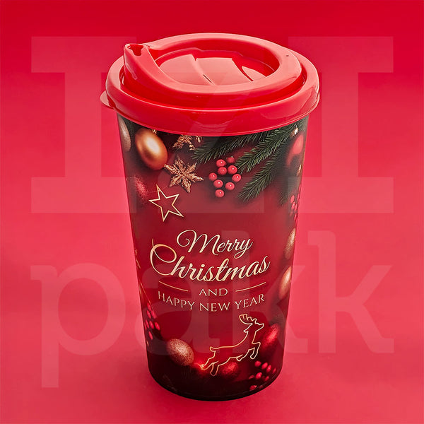 Karácsonyi kávés pohár, négy mintával 650ml - 1 db, műanyag fedéllel