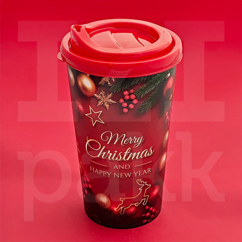 Karácsonyi kávés pohár, négy mintával 650ml - 1 db, műanyag fedéllel