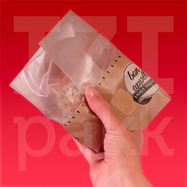Snack/streetfood papírtasak Bon Apetit mintás. 50%-ban zsírpapír, téphető design, felbontható kialakítás.