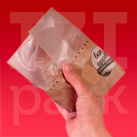 Snack/streetfood papírtasak Bon Apetit mintás. 50%-ban zsírpapír, téphető design, felbontható kialakítás.